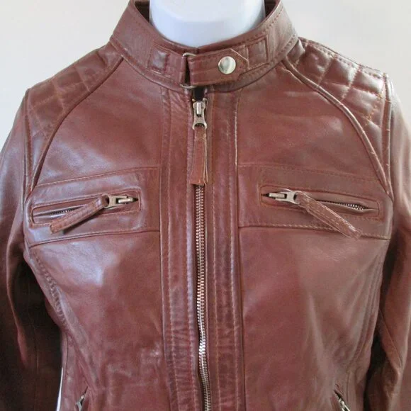 Cognac Leather Biker Style Jacket - Quilted Shoulder Sz XS - Picture 5 of 12